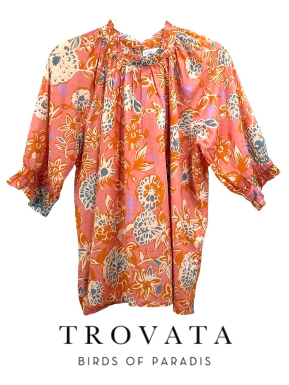 TROVATA - Pink Floral Puff-Sleeve Blouse with Cream and Rust Accents, Size M